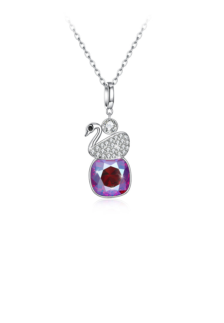 925 Sterling Silver Elegant Swan Geometric Pendant with Red Austrian Element Crystal and Necklace - Vibrant Color