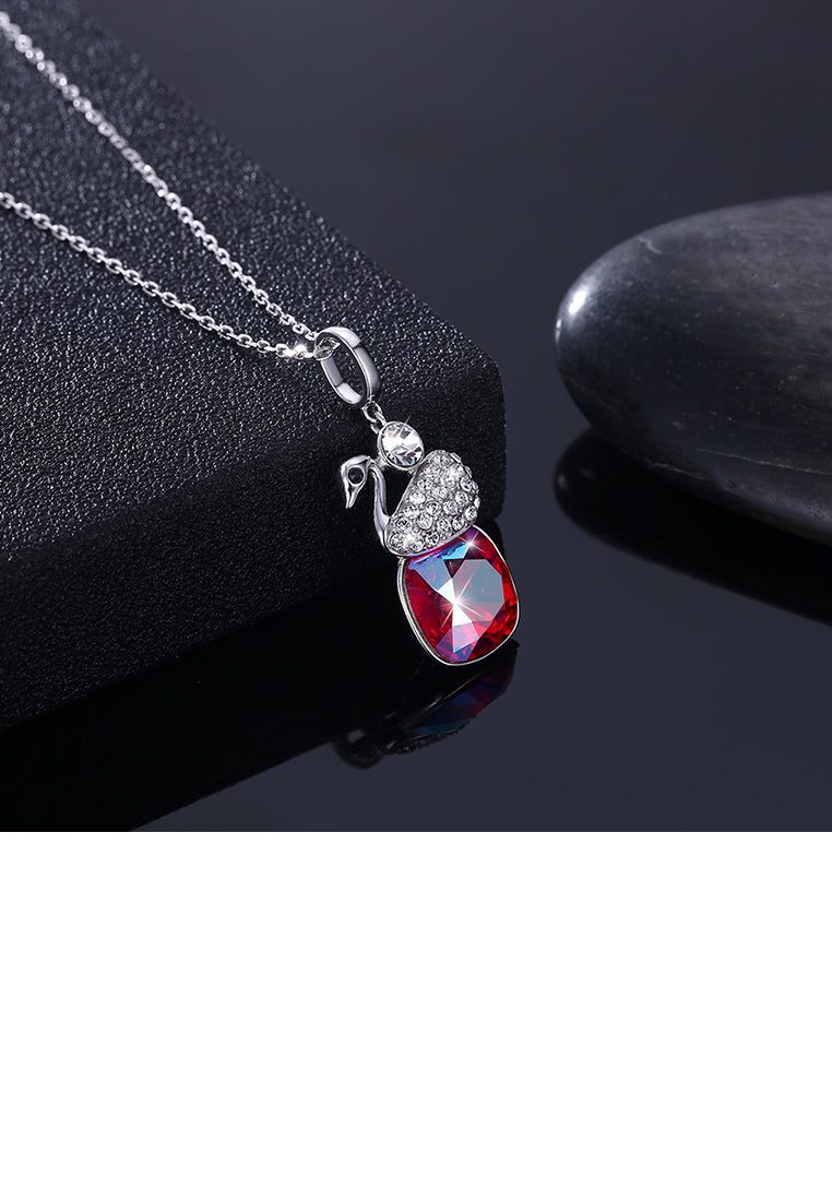 925 Sterling Silver Elegant Swan Geometric Pendant with Red Austrian Element Crystal and Necklace - Vibrant Color