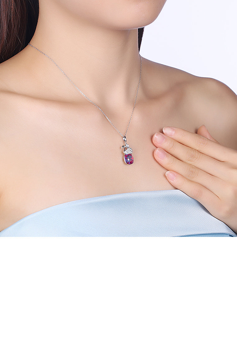 925 Sterling Silver Elegant Swan Geometric Pendant with Red Austrian Element Crystal and Necklace - Vibrant Color