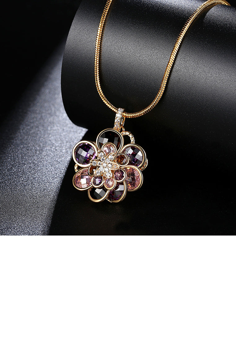 Fashion Atmosphere Plated Gold Color Flower Pendant with Cubic Zirconia and Necklace - Luxurious Look