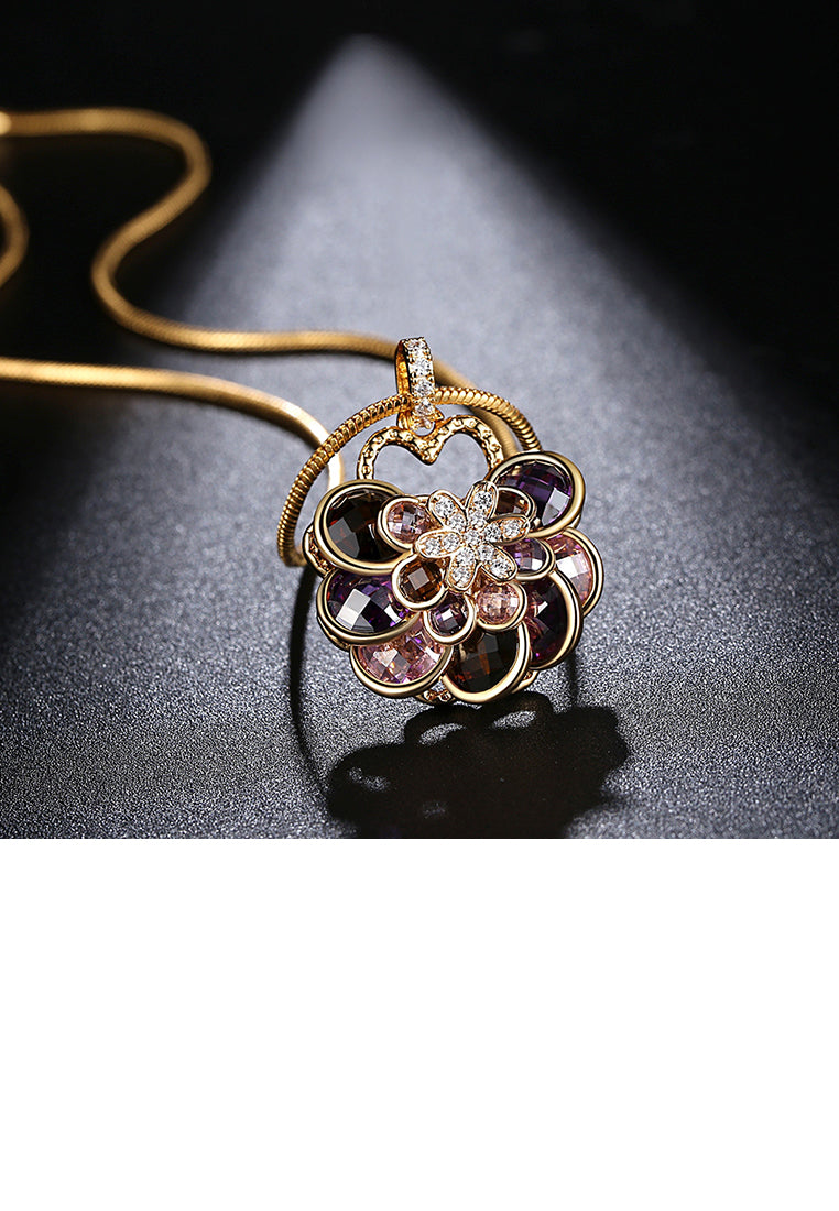 Fashion Atmosphere Plated Gold Color Flower Pendant with Cubic Zirconia and Necklace - Luxurious Look