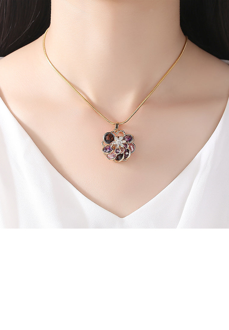 Fashion Atmosphere Plated Gold Color Flower Pendant with Cubic Zirconia and Necklace - Luxurious Look