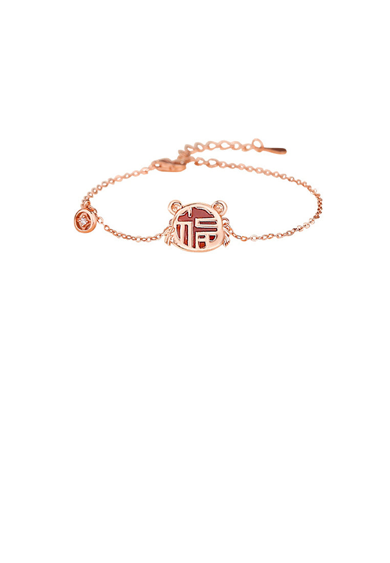 925 Sterling Silver Plated Rose Gold Fashion Vintage Zodiac Tiger Imitation Agate Copper Coin Bracelet with Cubic Zirconia - Luxurious Look