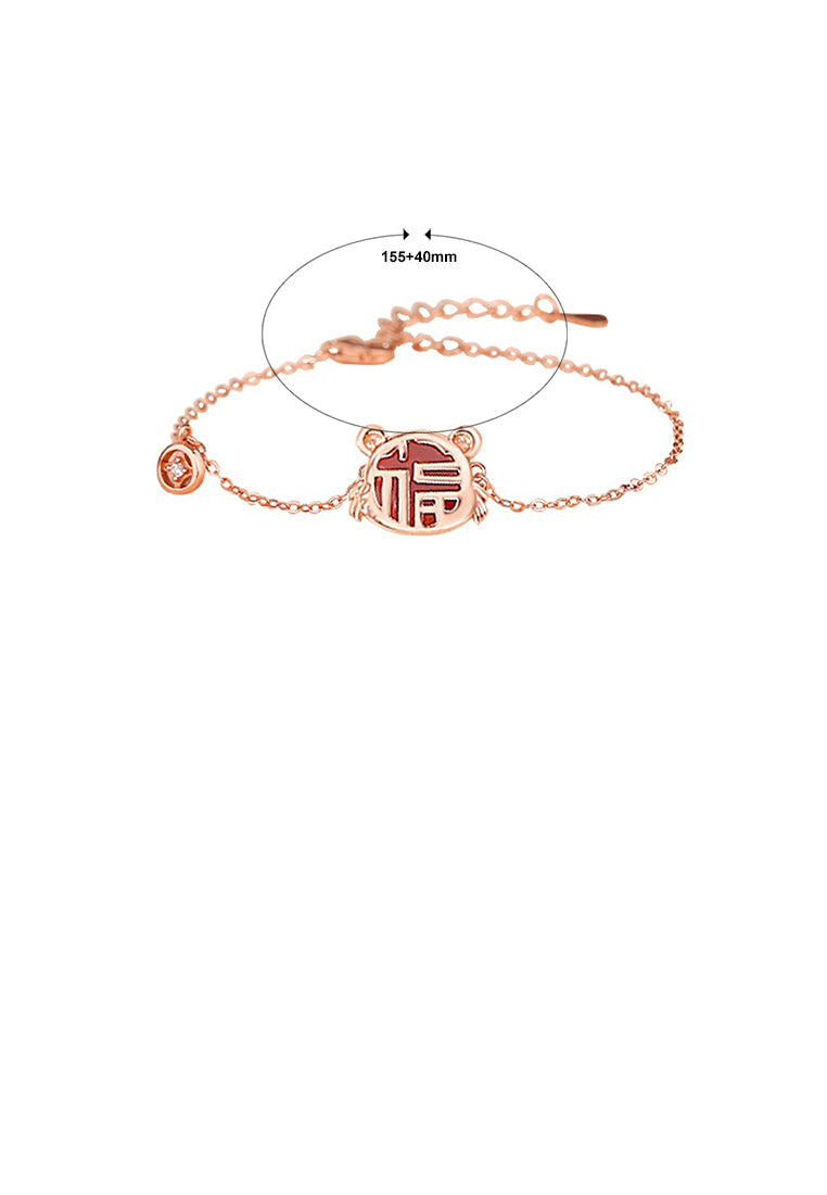 925 Sterling Silver Plated Rose Gold Fashion Vintage Zodiac Tiger Imitation Agate Copper Coin Bracelet with Cubic Zirconia - Luxurious Look