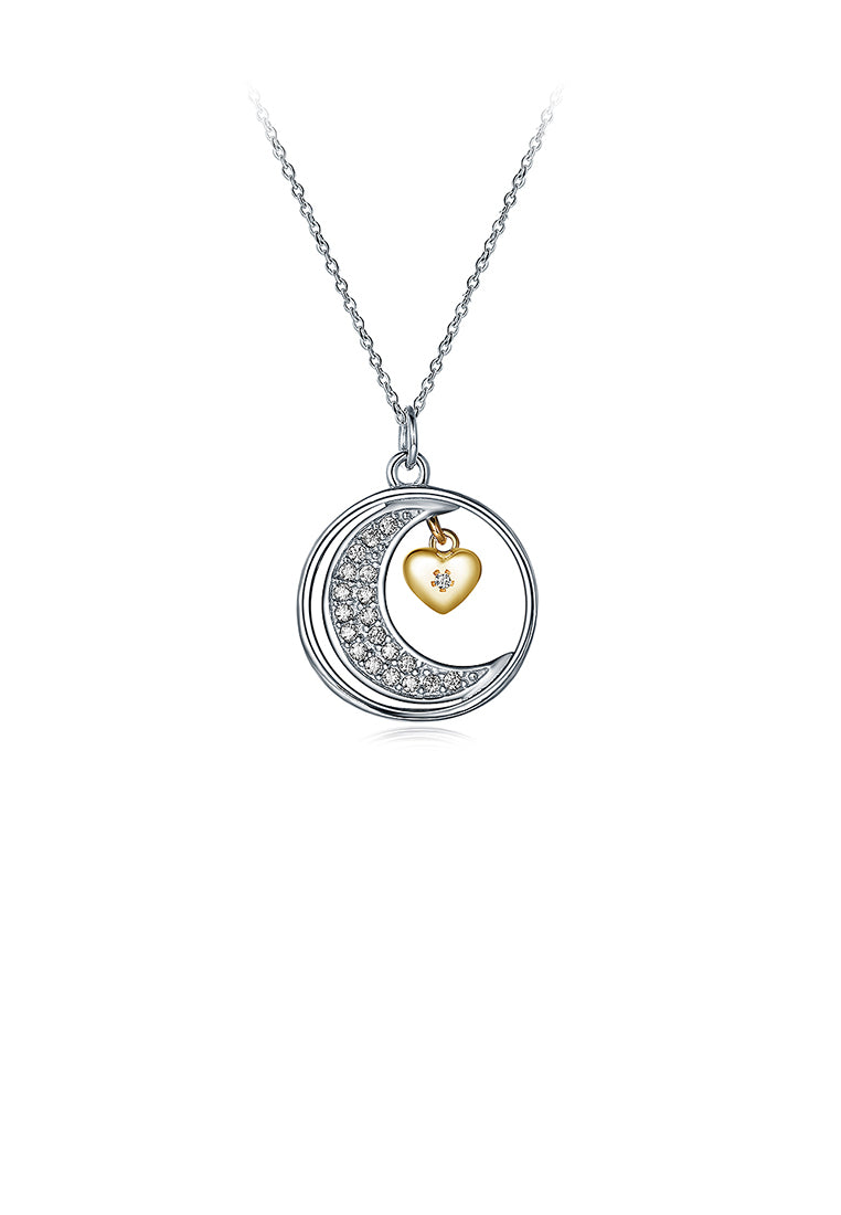 925 Sterling Silver Moon Pendant with White Austrian Element Crystal and Necklace