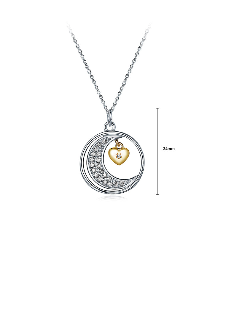 925 Sterling Silver Moon Pendant with White Austrian Element Crystal and Necklace
