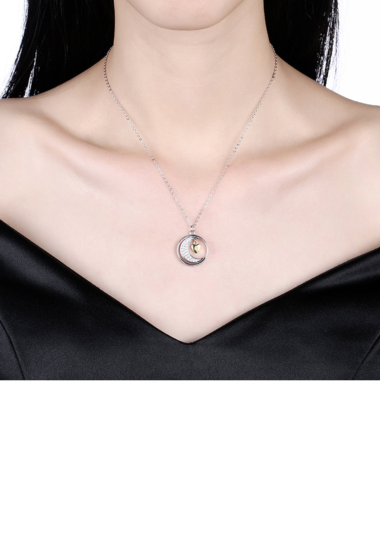 925 Sterling Silver Moon Pendant with White Austrian Element Crystal and Necklace