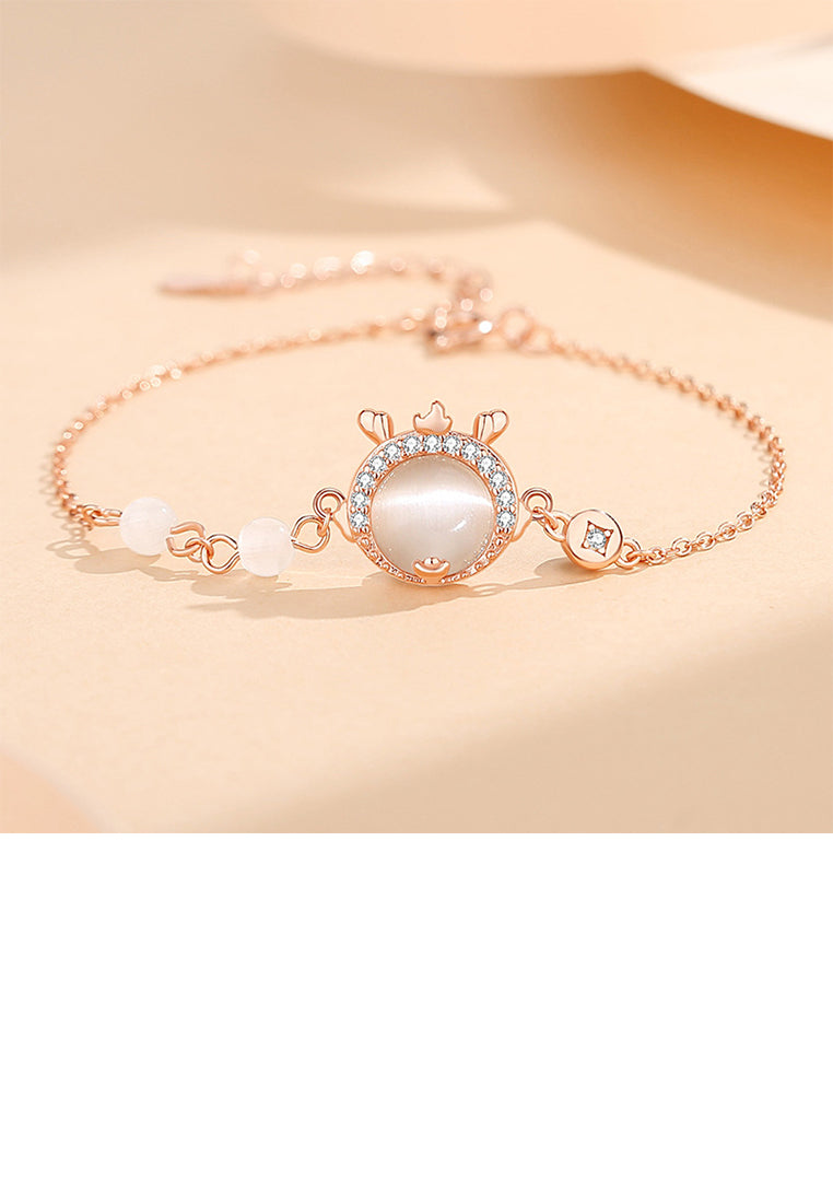 925 Sterling Silver Plated Rose Gold Fashion and Elegant Zodiac Dragon Imitation Cats Eye Bracelet with Cubic Zirconia - Luxurious Look