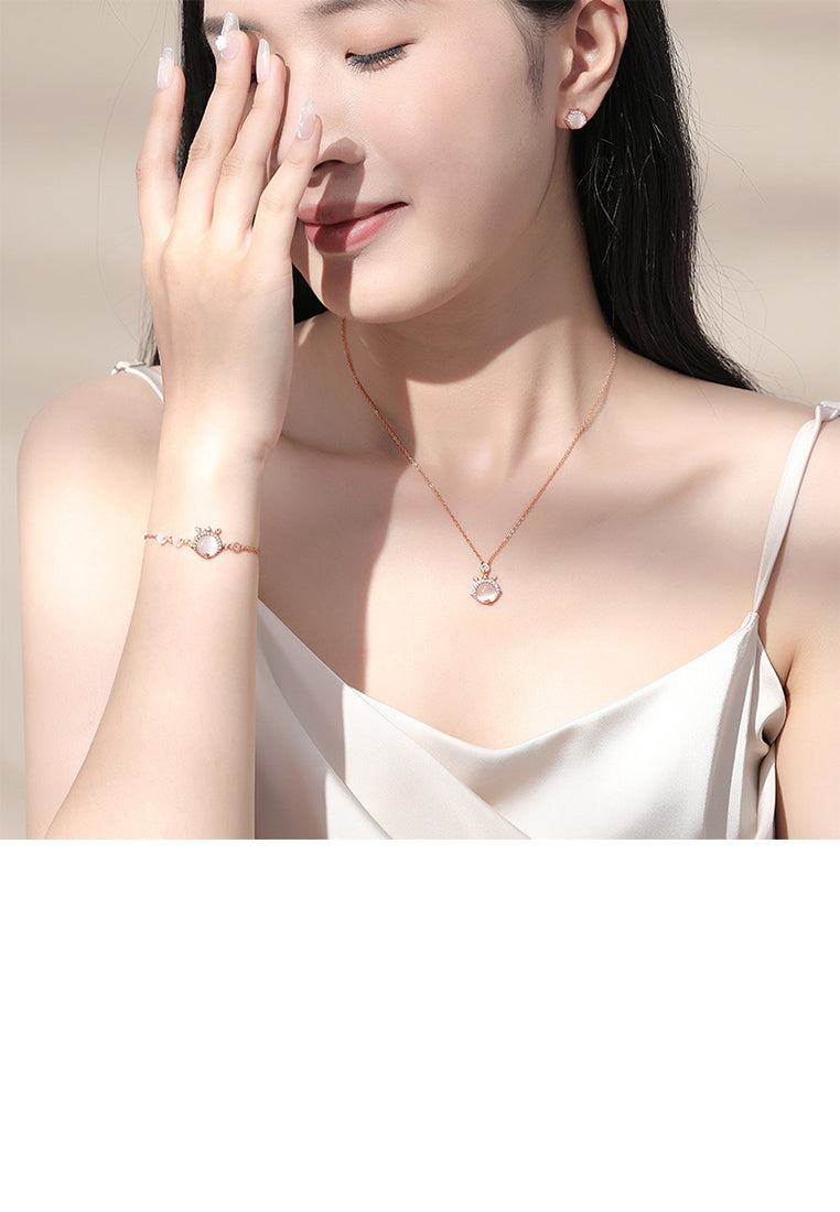 925 Sterling Silver Plated Rose Gold Fashion and Elegant Zodiac Dragon Imitation Cats Eye Bracelet with Cubic Zirconia - Luxurious Look
