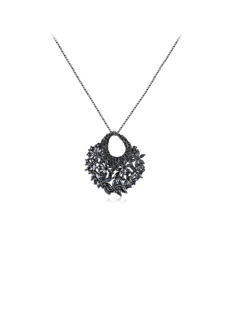 Fashion and Elegant Plated Black Geometric Flower Pendant with Black Cubic Zirconia and Necklace - Luxurious Look