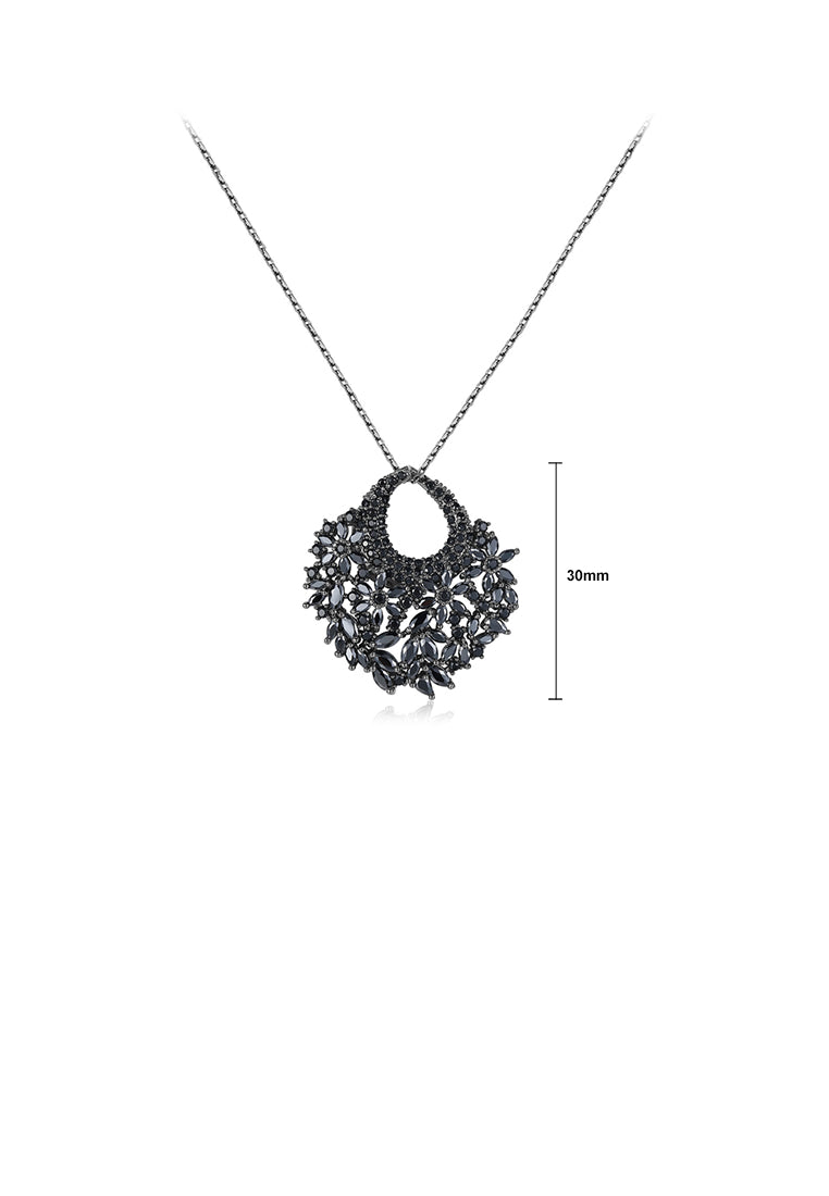 Fashion and Elegant Plated Black Geometric Flower Pendant with Black Cubic Zirconia and Necklace - Luxurious Look