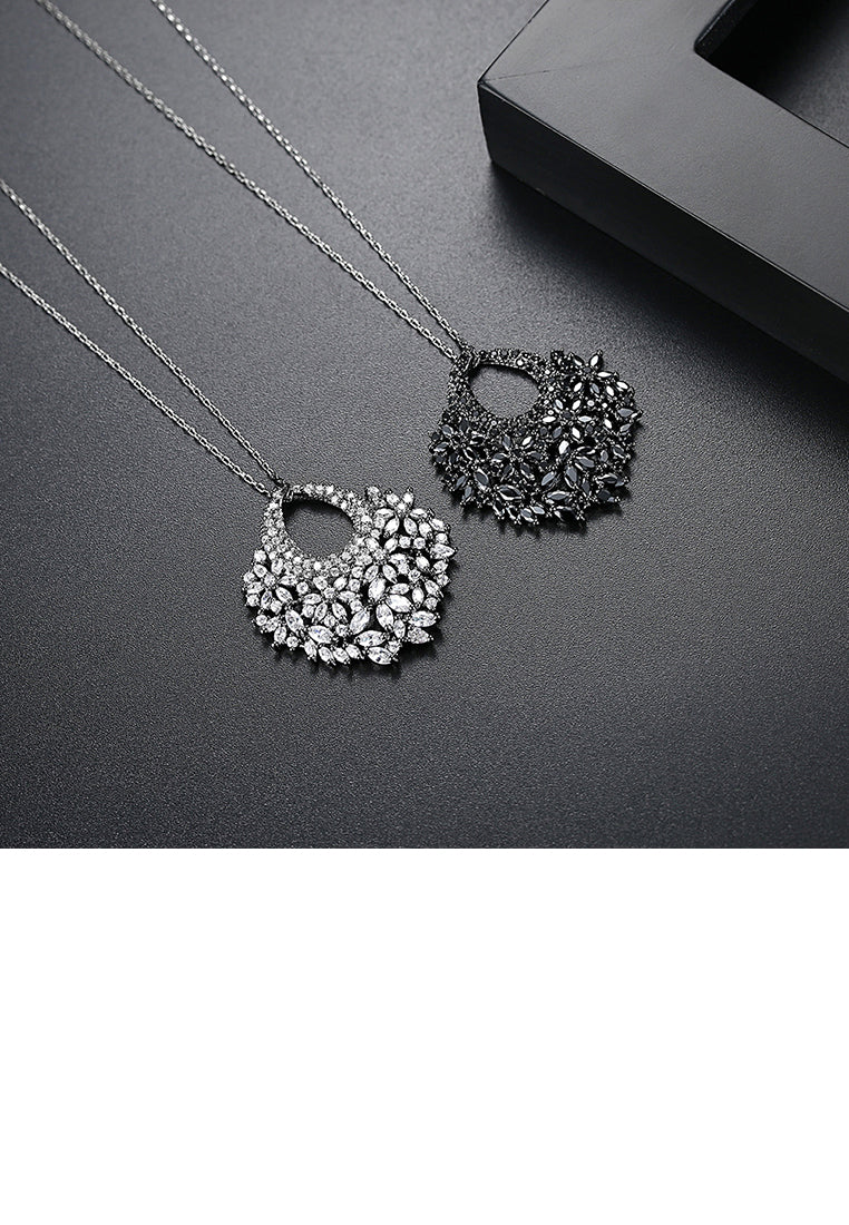 Fashion and Elegant Plated Black Geometric Flower Pendant with Black Cubic Zirconia and Necklace - Luxurious Look