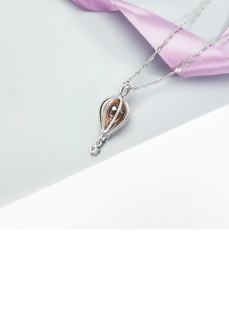 925 Sterling Silver Fashion Creative Hot Air Balloon Yellow Imitation Pearl Pendant with Cubic Zirconia and Necklace - Luxurious Look