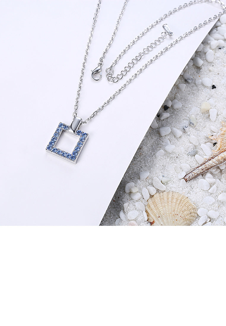 Fashion Square Pendant with Blue Austrian Element Crystal and Necklace