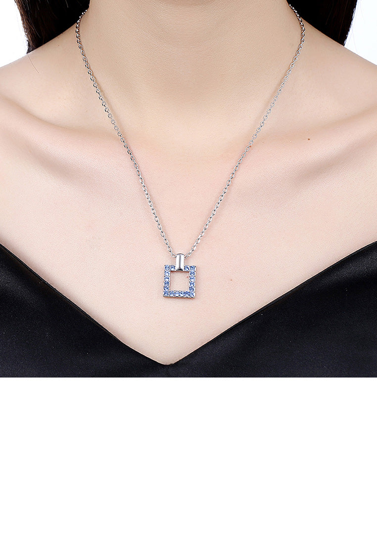 Fashion Square Pendant with Blue Austrian Element Crystal and Necklace