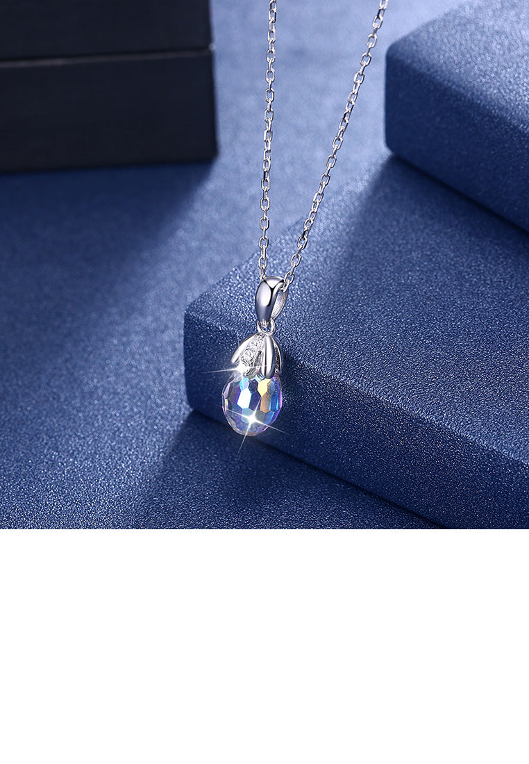 925 Sterling Silver Simple Elegant Water Drop Pendant with Austrian Element Crystal and Necklace