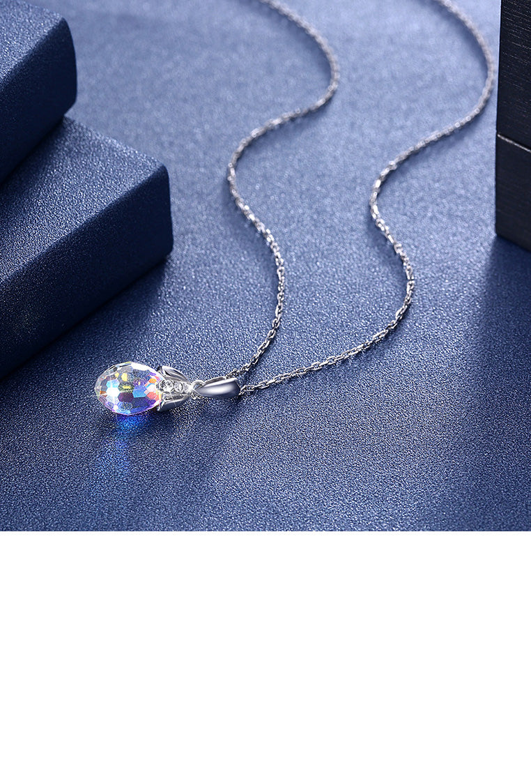 925 Sterling Silver Simple Elegant Water Drop Pendant with Austrian Element Crystal and Necklace