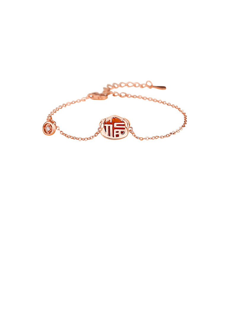 925 Sterling Silver Plated Rose Gold Fashion Vintage Zodiac Dog Imitation Agate Copper Coin Bracelet with Cubic Zirconia - Luxurious Look