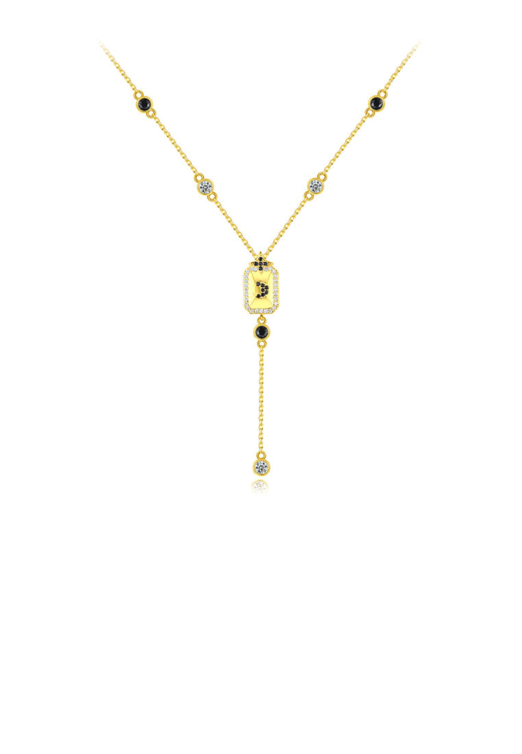Fashion and Simple Plated Gold Geometric Rectangular Tassel Pendant with Cubic Zirconia and Necklace - Luxurious Look