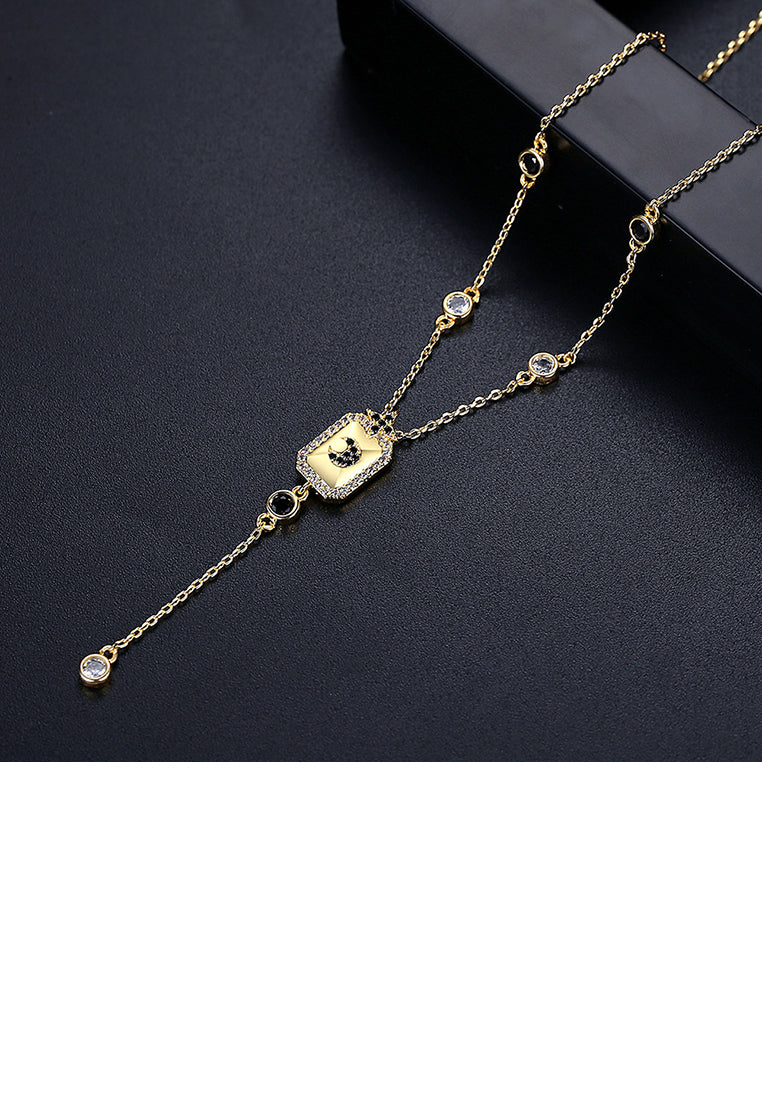 Fashion and Simple Plated Gold Geometric Rectangular Tassel Pendant with Cubic Zirconia and Necklace - Luxurious Look