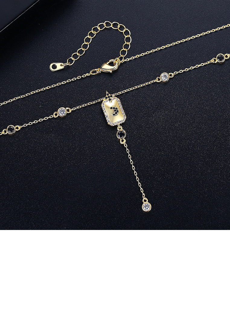 Fashion and Simple Plated Gold Geometric Rectangular Tassel Pendant with Cubic Zirconia and Necklace - Luxurious Look