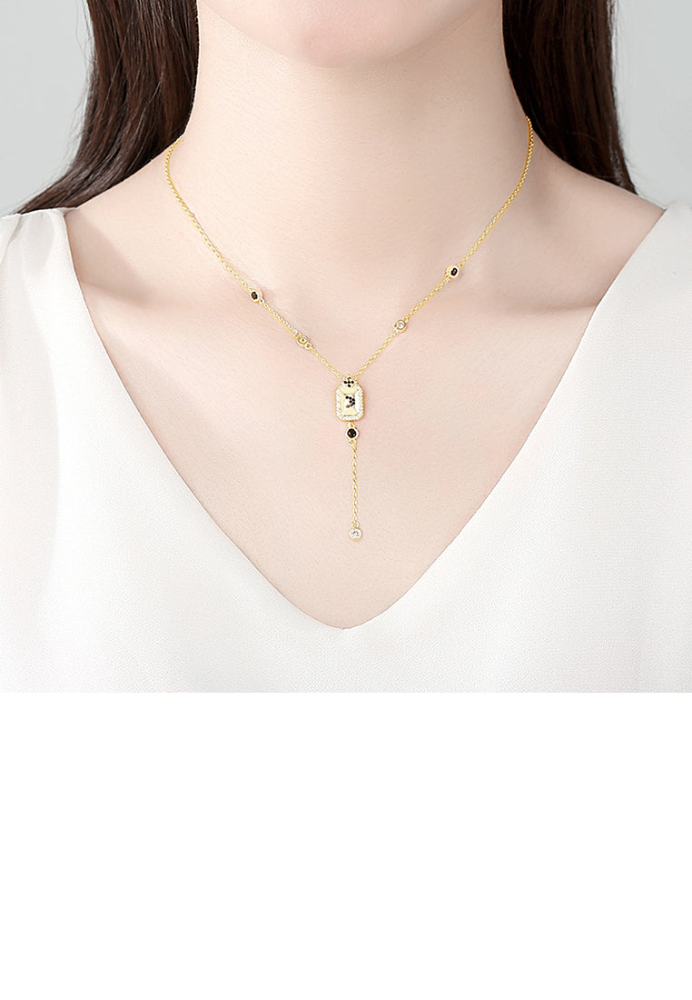 Fashion and Simple Plated Gold Geometric Rectangular Tassel Pendant with Cubic Zirconia and Necklace - Luxurious Look