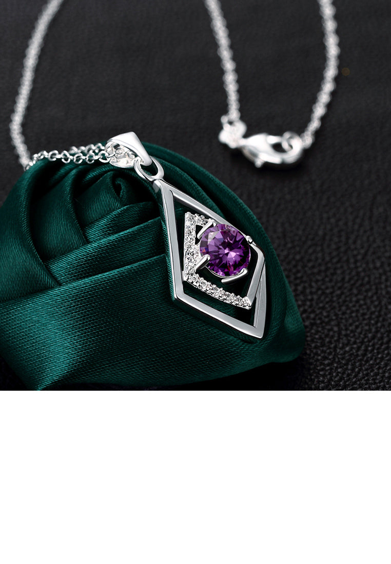Fashion Classic Geometric Rhombus with Purple Cubic Zircon and Necklace