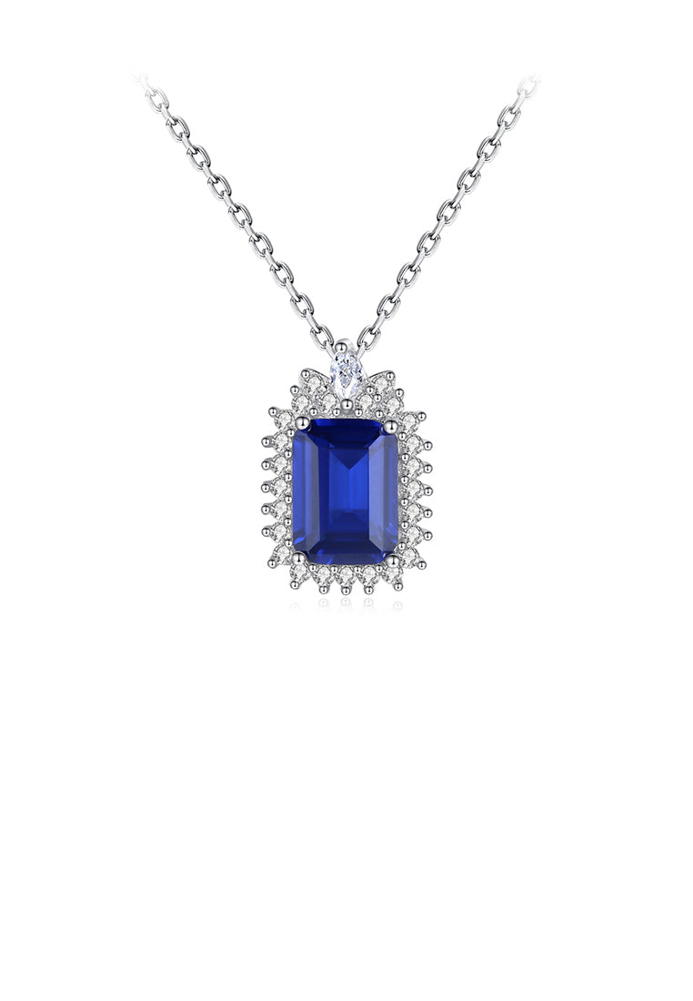 925 Sterling Silver Fashion Simple Geometric Rectangle Pendant with Blue Cubic Zirconia and Necklace - Luxurious Look