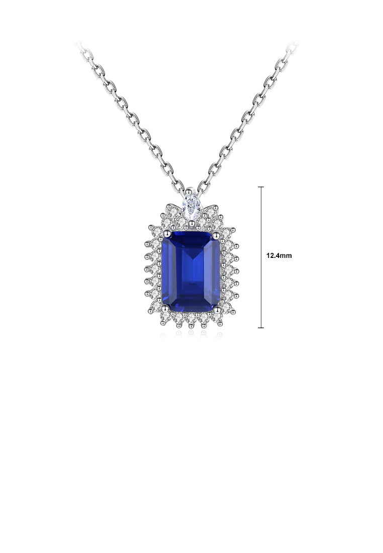 925 Sterling Silver Fashion Simple Geometric Rectangle Pendant with Blue Cubic Zirconia and Necklace - Luxurious Look