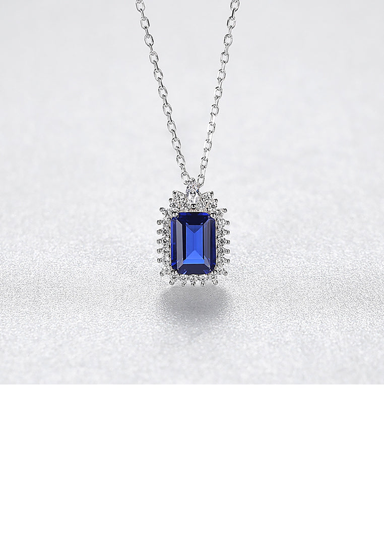 925 Sterling Silver Fashion Simple Geometric Rectangle Pendant with Blue Cubic Zirconia and Necklace - Luxurious Look