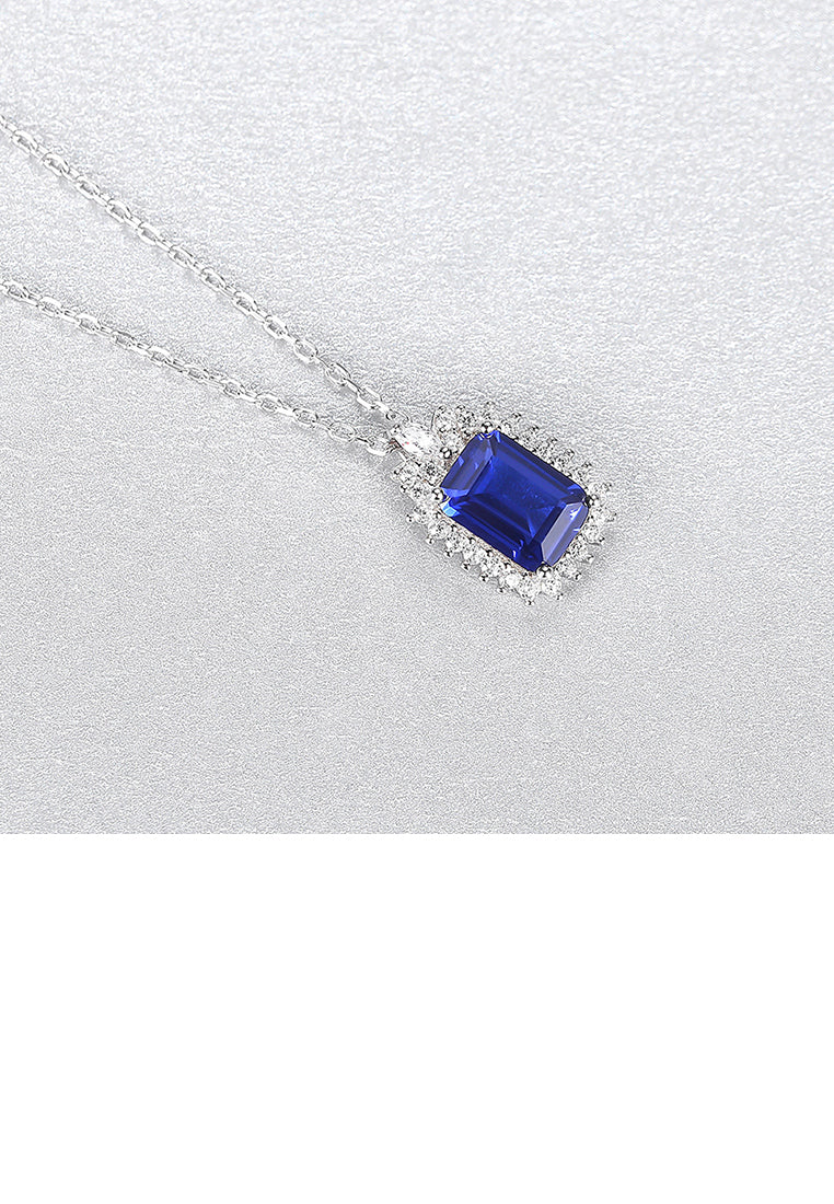 925 Sterling Silver Fashion Simple Geometric Rectangle Pendant with Blue Cubic Zirconia and Necklace - Luxurious Look