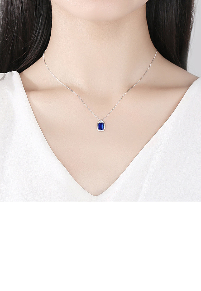 925 Sterling Silver Fashion Simple Geometric Rectangle Pendant with Blue Cubic Zirconia and Necklace - Luxurious Look