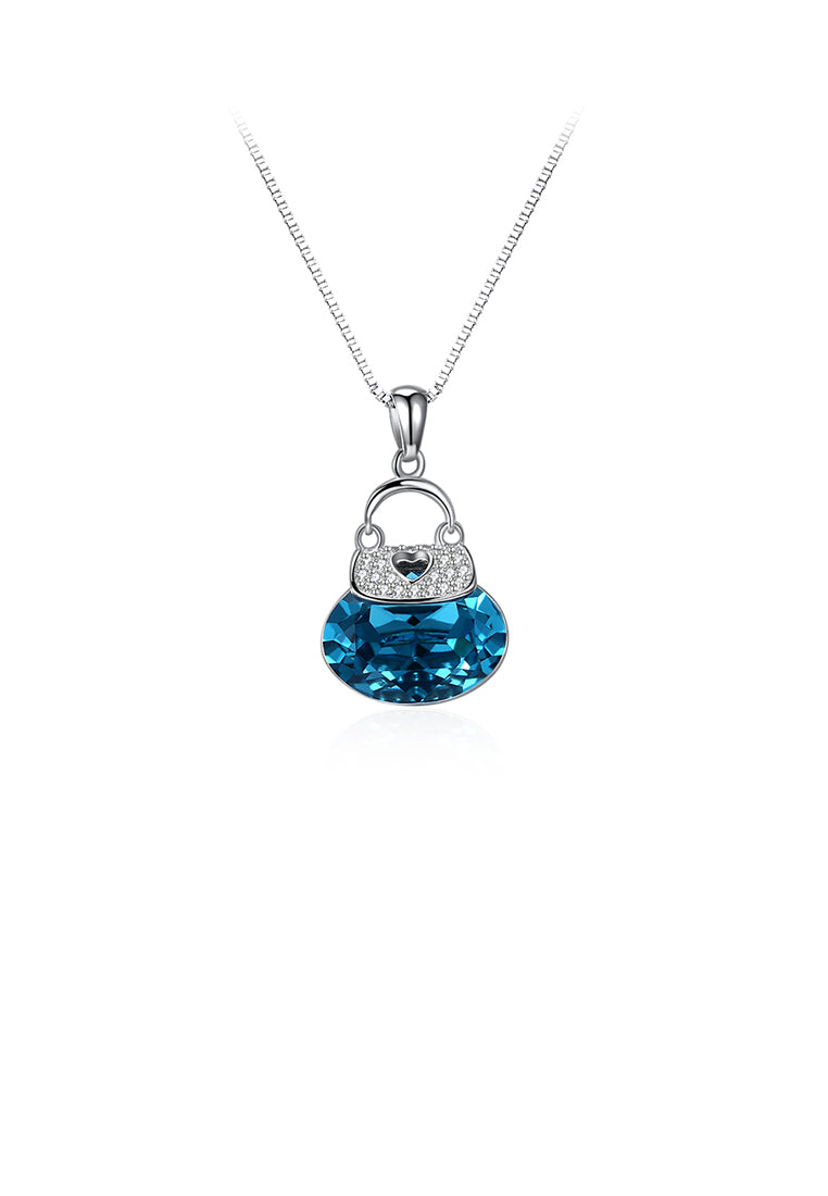 925 Sterling Silver Creative Fashion Tote Pendant with Blue Austrian Element Crystal and Necklace