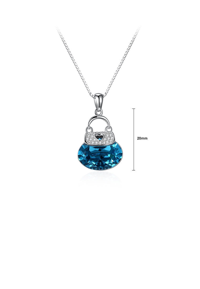 925 Sterling Silver Creative Fashion Tote Pendant with Blue Austrian Element Crystal and Necklace