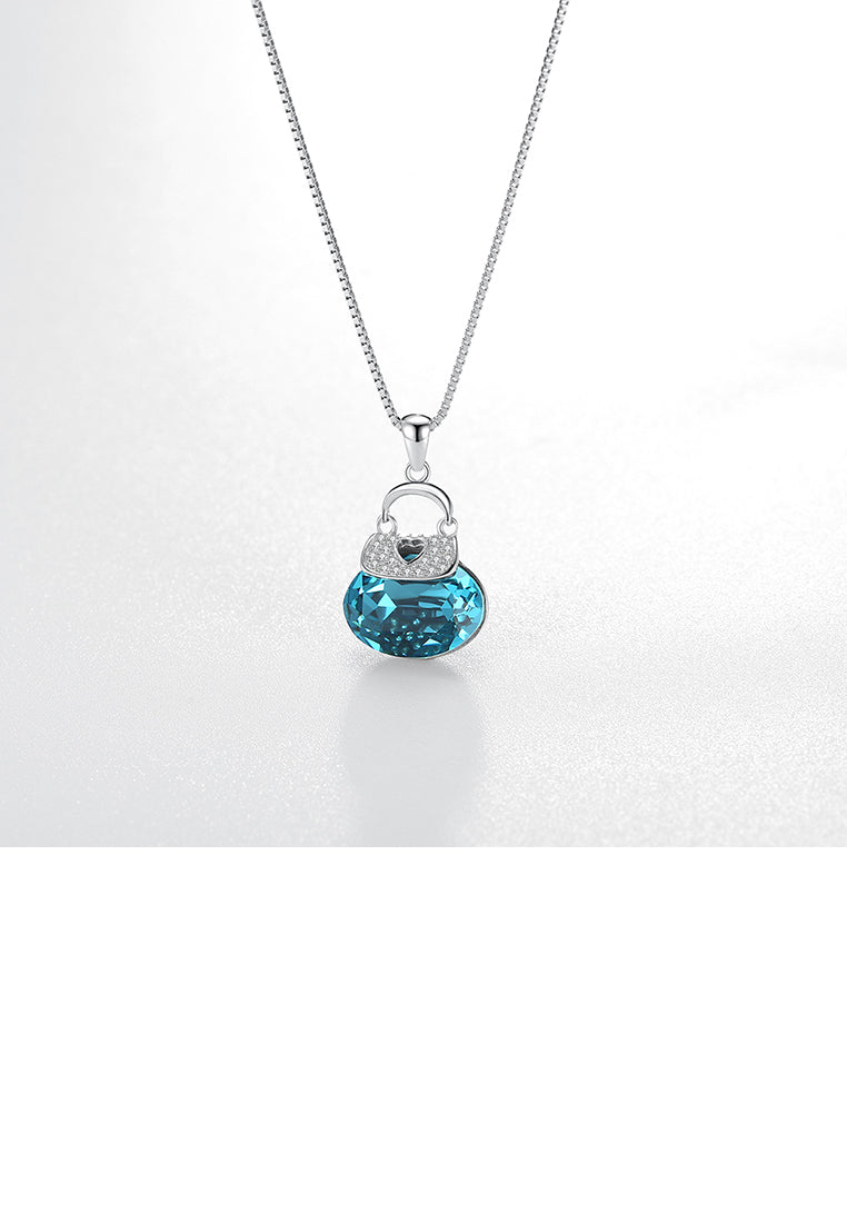 925 Sterling Silver Creative Fashion Tote Pendant with Blue Austrian Element Crystal and Necklace
