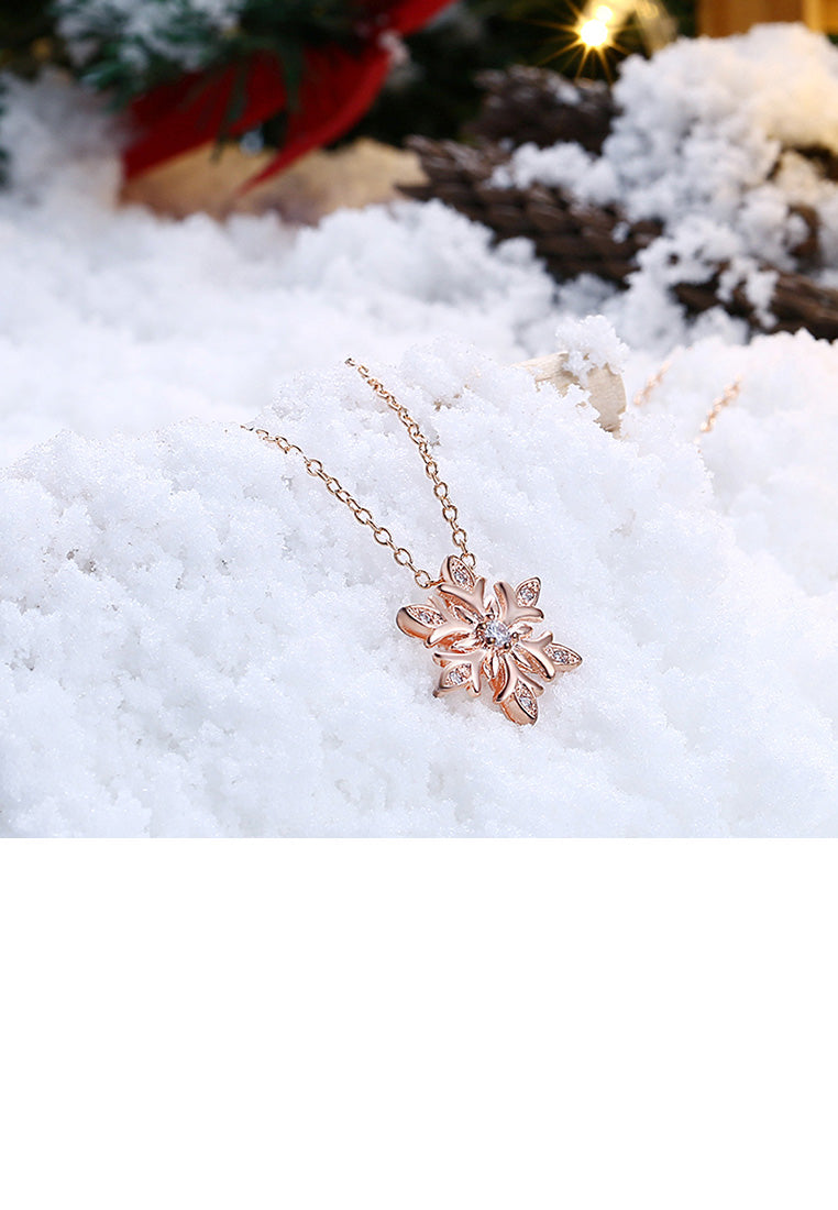 Elegant and Fashion Plated Rose Gold Snowflake Pendant with Cubic Zircon and Necklace