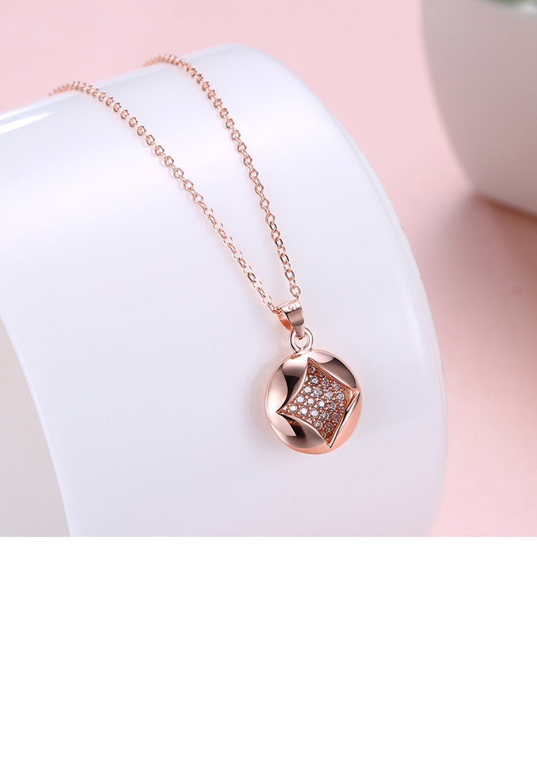 925 Sterling Silver Plated Rose Gold Simple Geometric Round Pendant with Cubic Zircon and Necklace