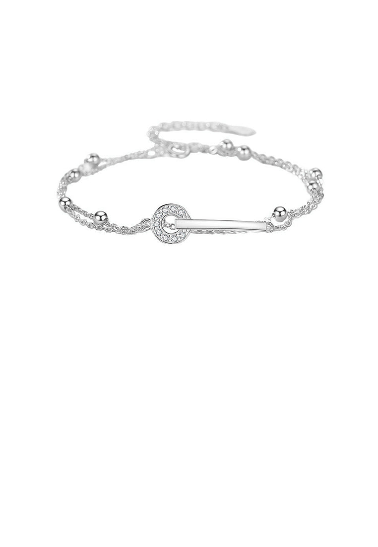925 Sterling Silver Simple and Fashion Line Circle Geometric Double Layer Bracelet with Cubic Zirconia - Luxurious Look
