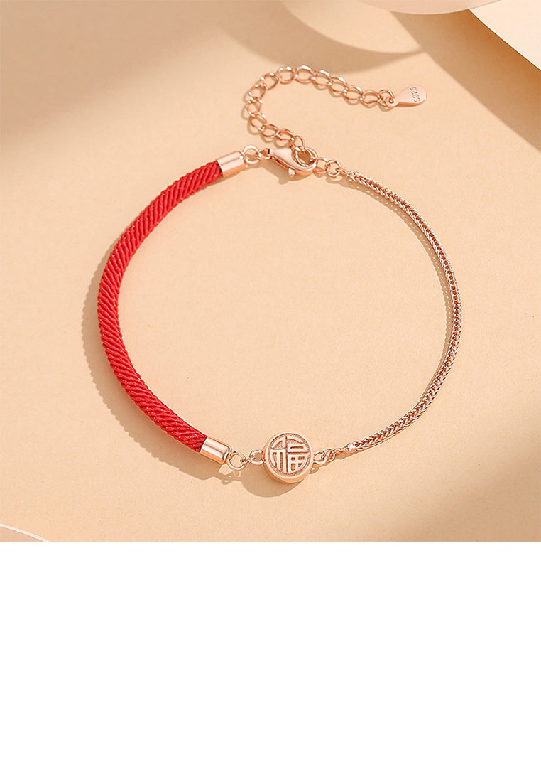 925 Sterling Silver Plated Rose Gold Fashion Simple Geometric Round Bracelet with Blessing Characters