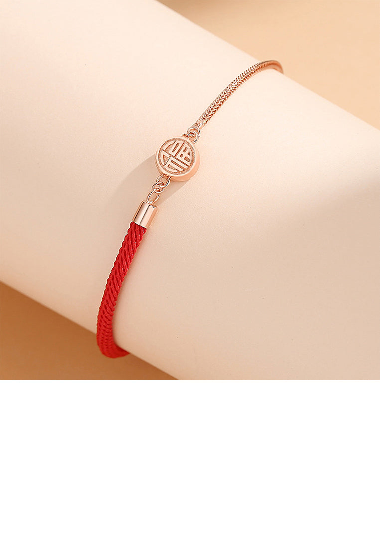 925 Sterling Silver Plated Rose Gold Fashion Simple Geometric Round Bracelet with Blessing Characters