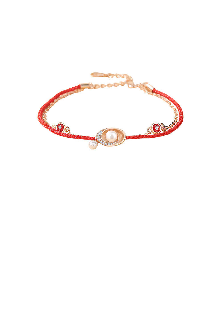 925 Sterling Silver Plated Rose Gold Fashion Simple Ingot Imitation Pearl Double Layer Bracelet with Cubic Zirconia - Luxurious Look