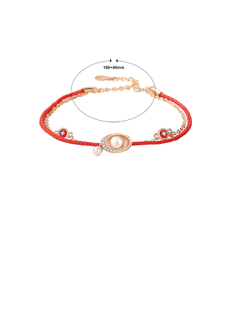 925 Sterling Silver Plated Rose Gold Fashion Simple Ingot Imitation Pearl Double Layer Bracelet with Cubic Zirconia - Luxurious Look