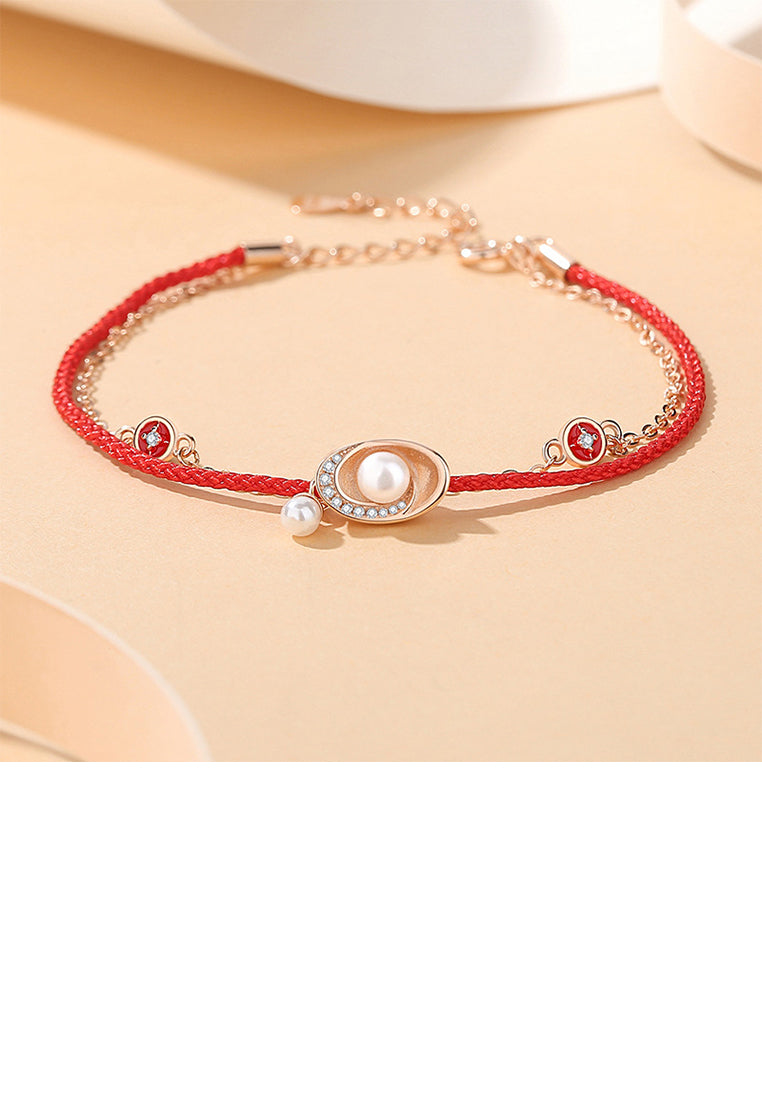 925 Sterling Silver Plated Rose Gold Fashion Simple Ingot Imitation Pearl Double Layer Bracelet with Cubic Zirconia - Luxurious Look