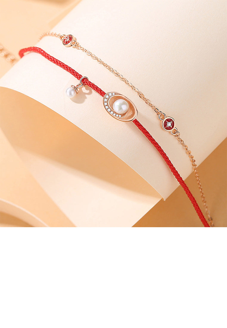 925 Sterling Silver Plated Rose Gold Fashion Simple Ingot Imitation Pearl Double Layer Bracelet with Cubic Zirconia - Luxurious Look