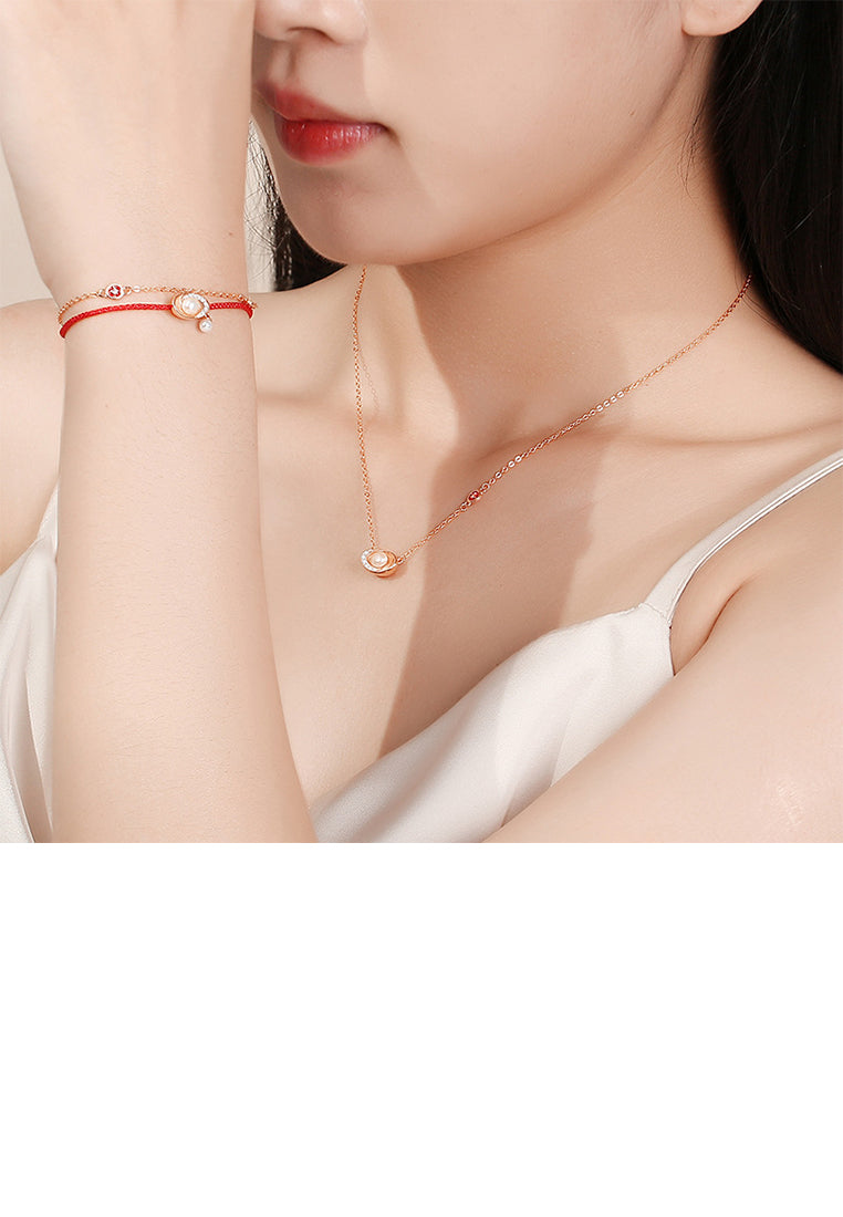 925 Sterling Silver Plated Rose Gold Fashion Simple Ingot Imitation Pearl Double Layer Bracelet with Cubic Zirconia - Luxurious Look