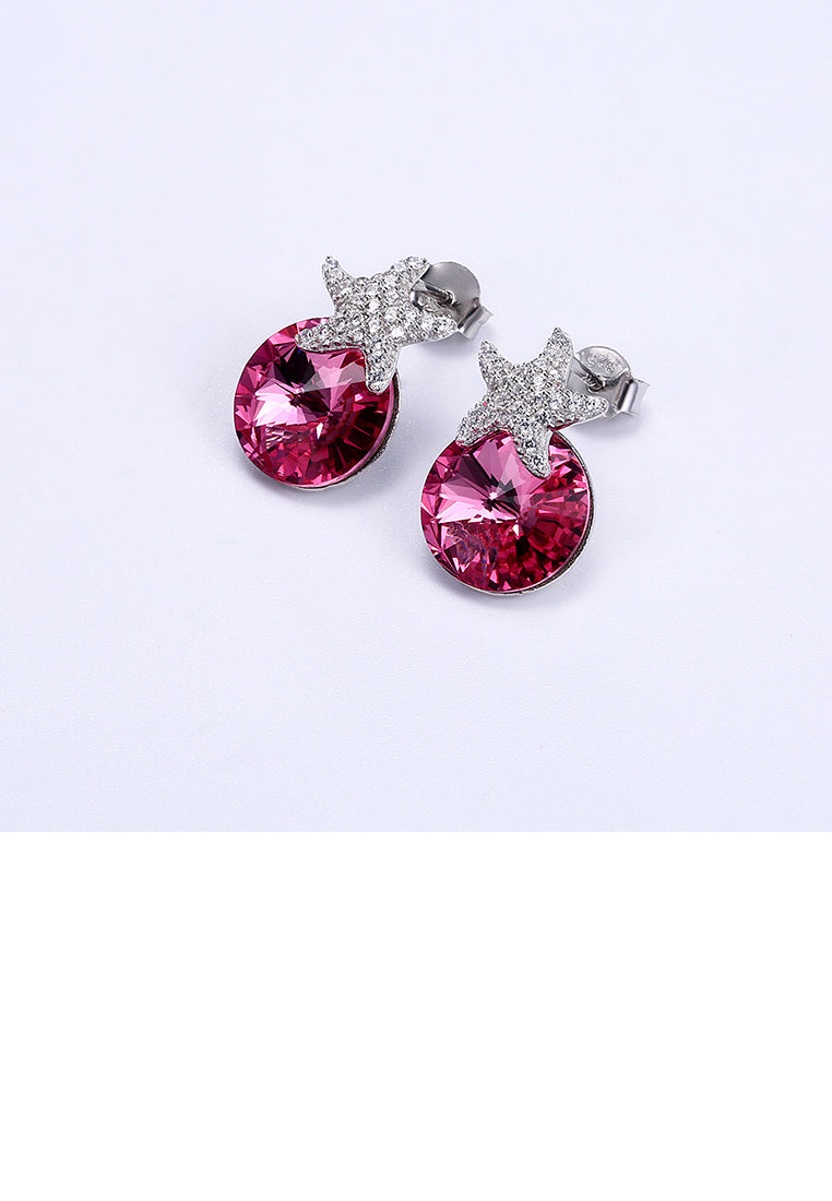 925 Sterling Silver Fashion Star Pink Austrian Element Crystal Stud Earrings - Vibrant Color