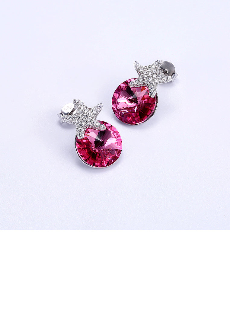 925 Sterling Silver Fashion Star Pink Austrian Element Crystal Stud Earrings - Vibrant Color