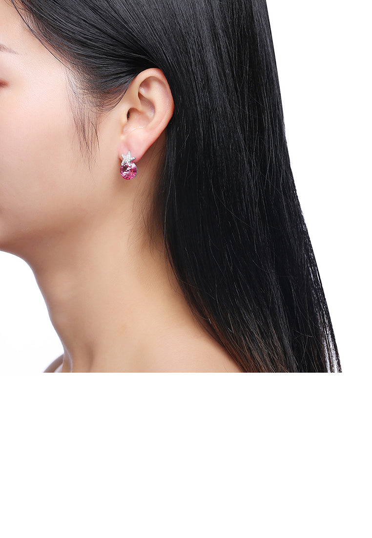 925 Sterling Silver Fashion Star Pink Austrian Element Crystal Stud Earrings - Vibrant Color