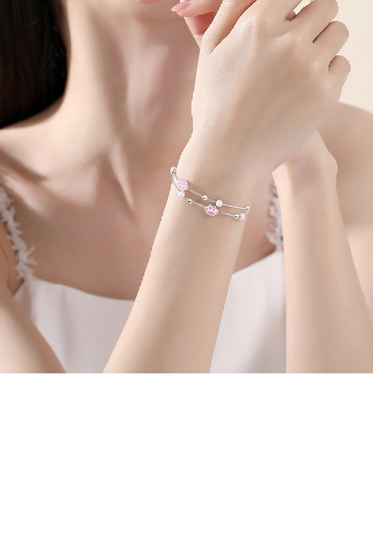 925 Sterling Silver Simple and Cute Enamel Cat Claw Bead Double Layer Bracelet