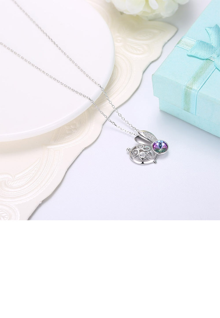 925 Sterling Silver Fashion Cute Rabbit Pendant with Purple Austrian Element Crystal and Necklace